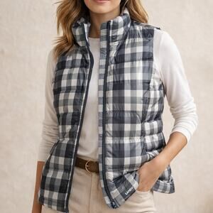 Lands’ End Women’s Down Puffer Vest Medium 10/12 Gray Gingham NWT Allied Feather